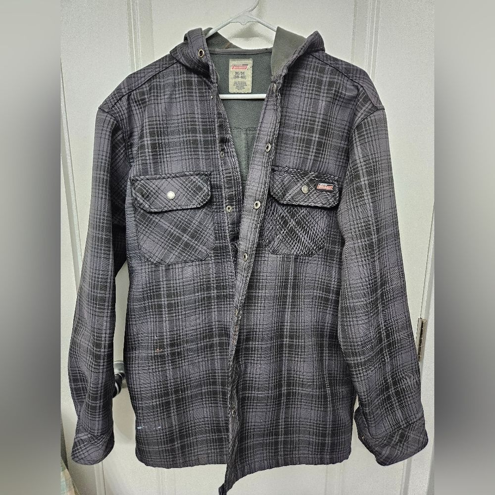 Genuine Dickies Fleece Hooded Flannel Snap Shirt Jacket Men's Size Medium Grey